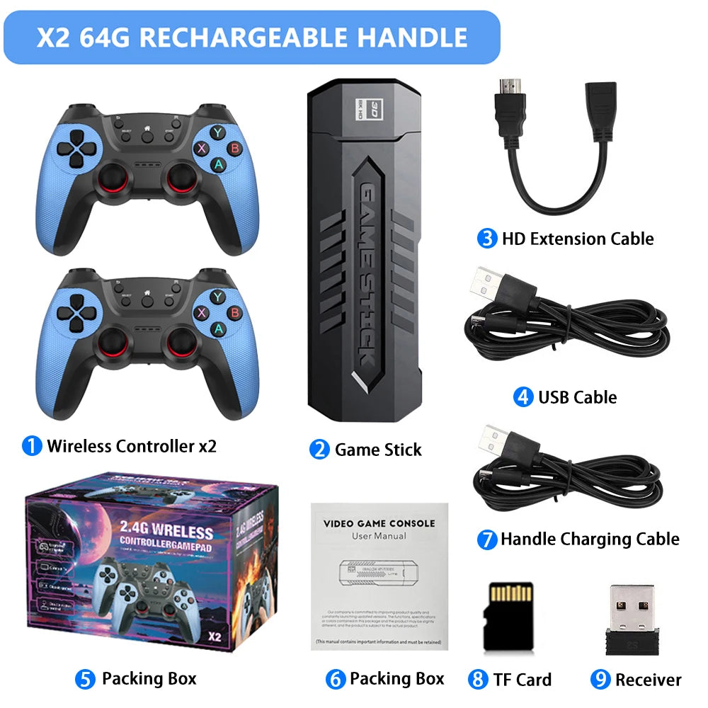 X2-Spielekonsole, 4K HD-Videospiel-Stick, 50.000 Retro-Spiele mit einem Paar Gamecontroller für PS1/N64/SNK/GBA, Weihnachtsgeschenk für Kinder