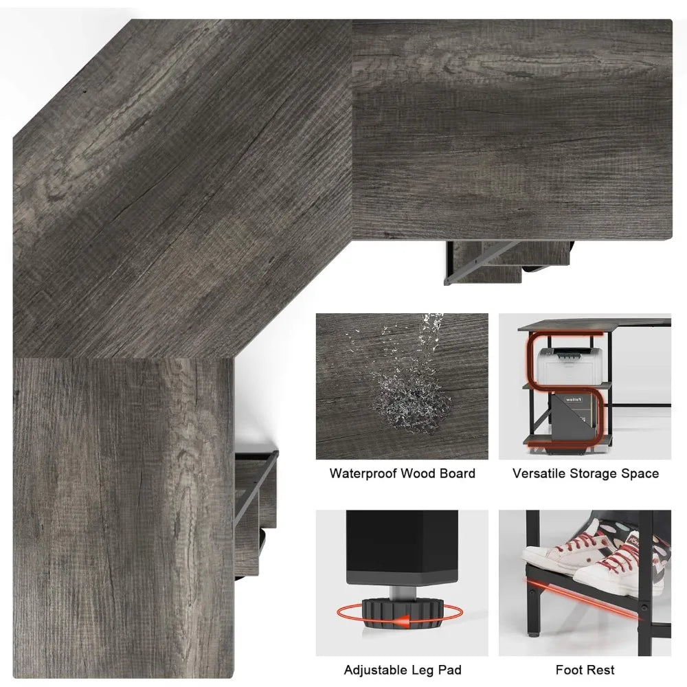 Modern L Shaped Desk with Shelves,64.84" Gaming Computer Desk for Home Office,Corner Desk with Desktop (Black Oak+Black Frame,