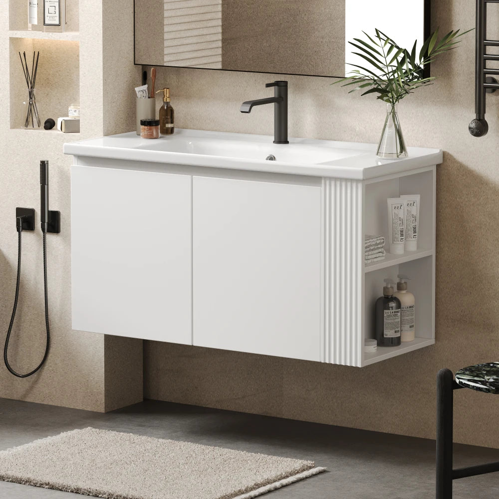 36" Modern Versatile Wall-Mounted Bathroom Vanity with Ceramic Sink, Floating Bathroom Vanity with 45 Degrees Free-Handle