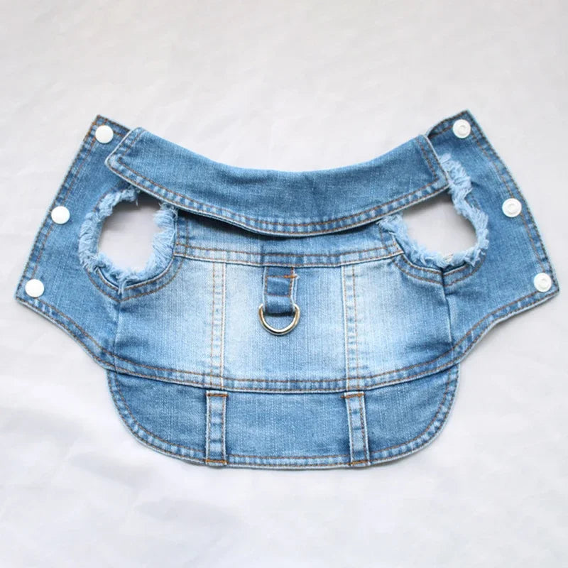 Blue Jeans Dog Denim Harness Jacket Puppy Vest Jacket Casual Clothes Costume Pet Apparel for Small Medium Dogs Back D-ring