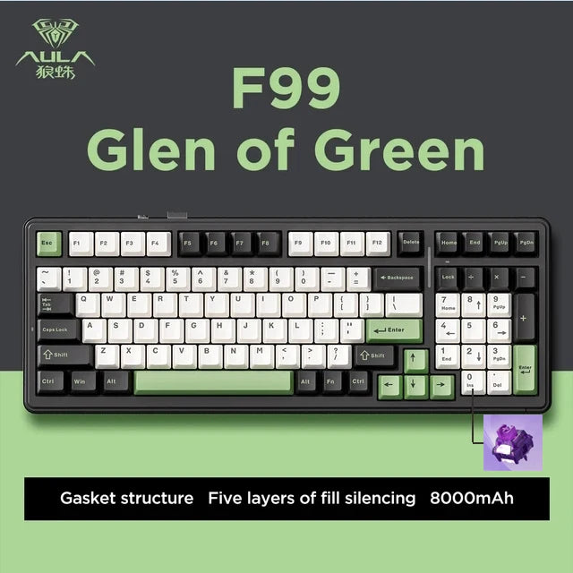 Aula F99 Mechanische Gaming-Tastatur mit drei Modi, 2,4 g, kabellos, Bluetooth, verkabelt, Hot-Swap, PBT-Dichtung, RGB, für PC, Laptop, Gamer, 99 Tasten