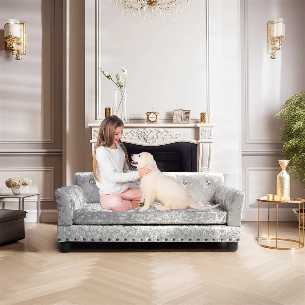 Deluxe-Hundecouchbett, silbernes holländisches Samtpolstersofa mit abnehmbarem Kissen für mittelgroße bis große Hunde