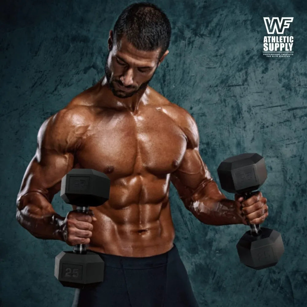 Black Handled Rubber Coated Hex Dumbbells Set 5-25Lb with Storage Rack and Non-Slip Design for Building Muscle Strength