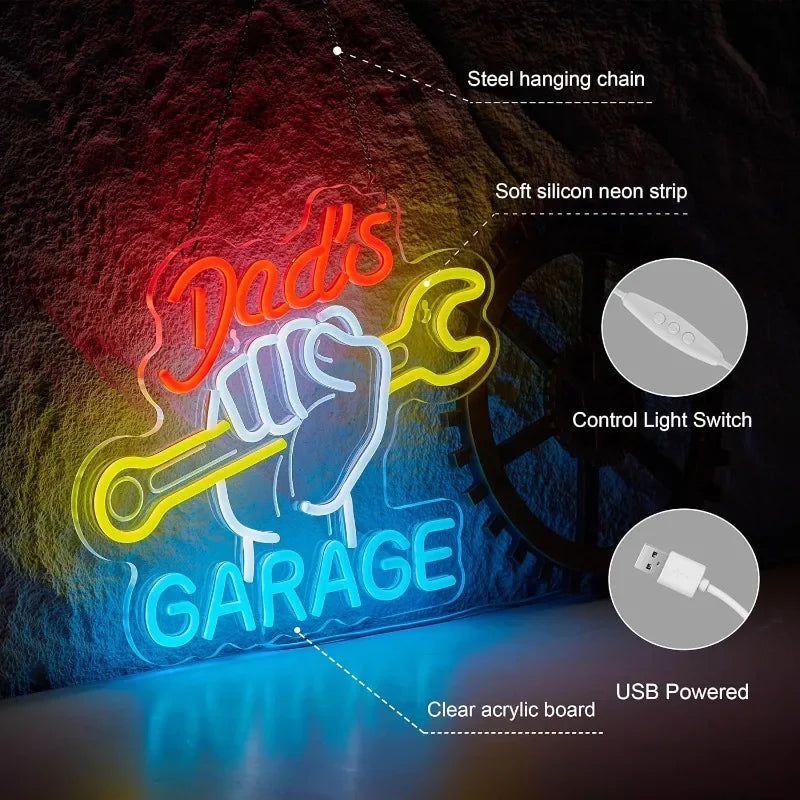 Dad's Garage Neon Sign for Wall Décor LED Light Car Signs for Auto Repair Shop Man Cave Workshop Decor LIghts for Fathers Gift