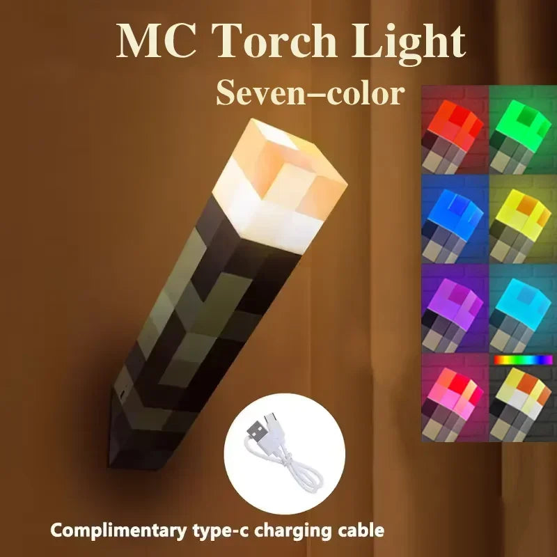 MC Game Brownstone Torch Lamp Figure Colors LED Night Light Bedroom Decorative Table Lamp USB Charging with Buckle Kids Toy Gift