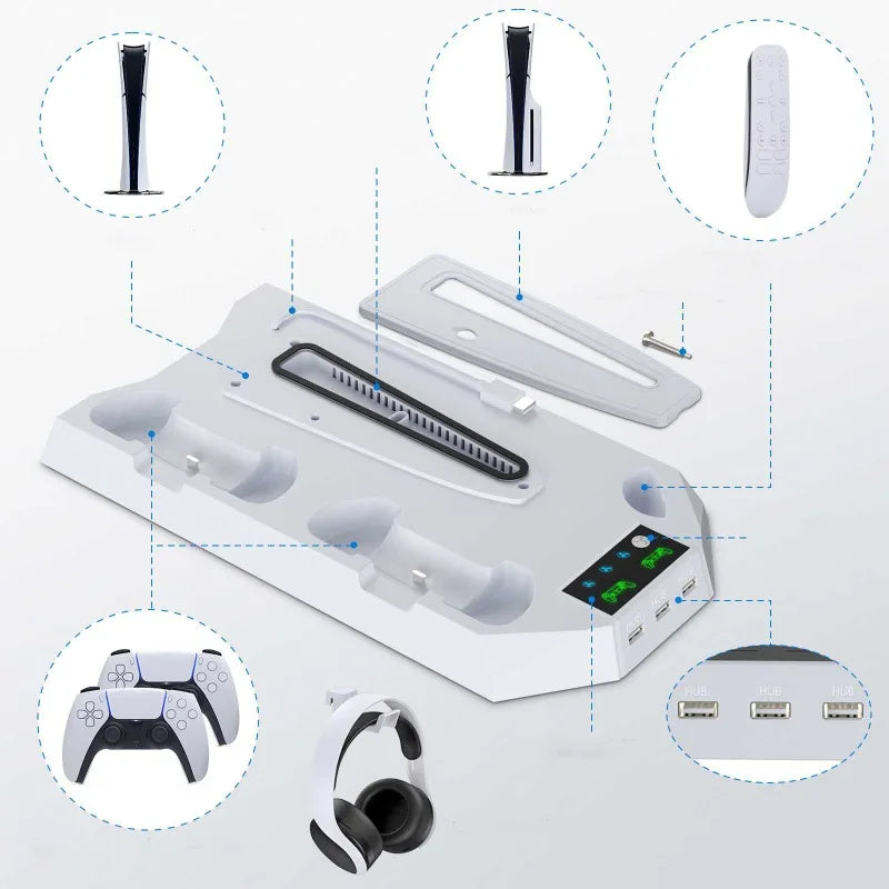 For PS5/PS5 Slim/PS5 Pro Stand with Headphone Hook Cooling Stand & Controller Charging Station for PS5 with 3 Levels Cooling Fan