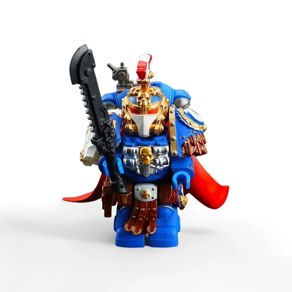 Medieval Knights War 10cm Poseable Collectible 40K Figure - Blue-Gold Armor Skull Face Design
