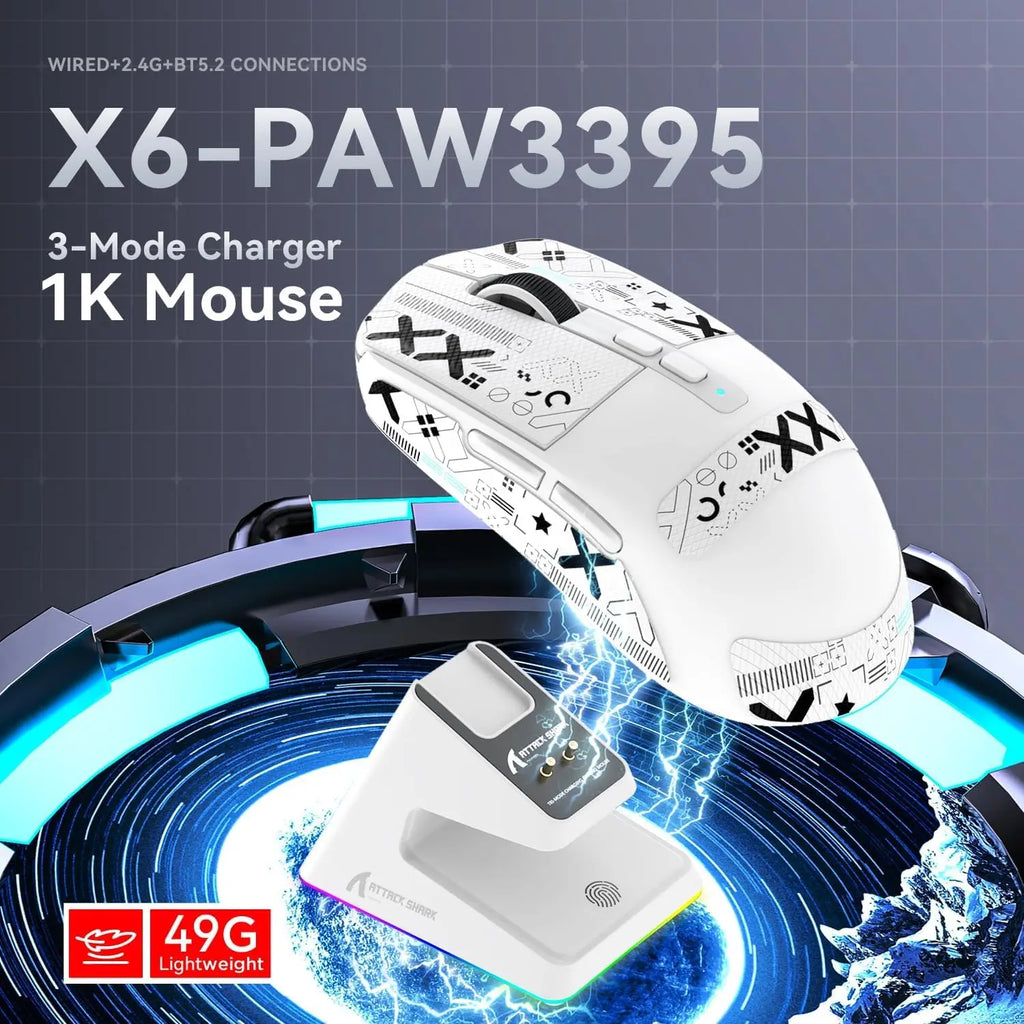Лека безжична геймърска мишка ATTACK SHARK X6 с RGB подсветка, зареждаща база, три режима, 26K DPI, оптичен сензор PAW3395