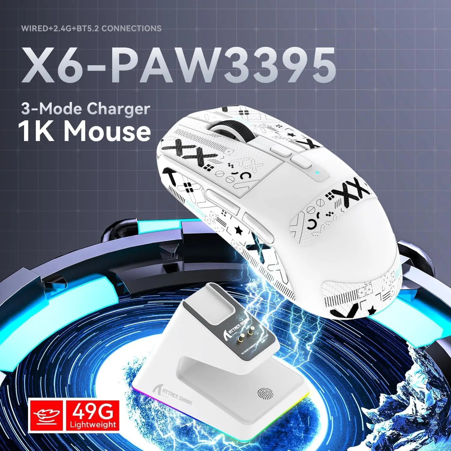 Лека безжична геймърска мишка ATTACK SHARK X6 с RGB подсветка, зареждаща база, три режима, 26K DPI, оптичен сензор PAW3395