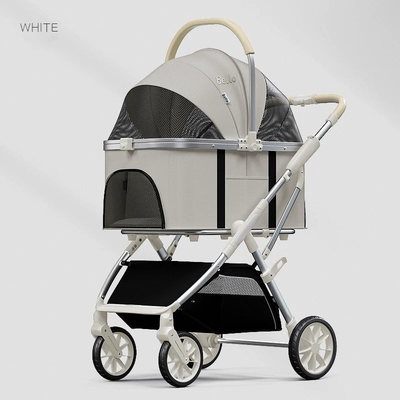 Bello Haustier-Kinderwagen, hohe Sicht, modern, abnehmbar, mittlerer und großer Wagen, Aluminiumlegierung, Katze/Hund, Handschieben, PU-Räder, abnehmbar