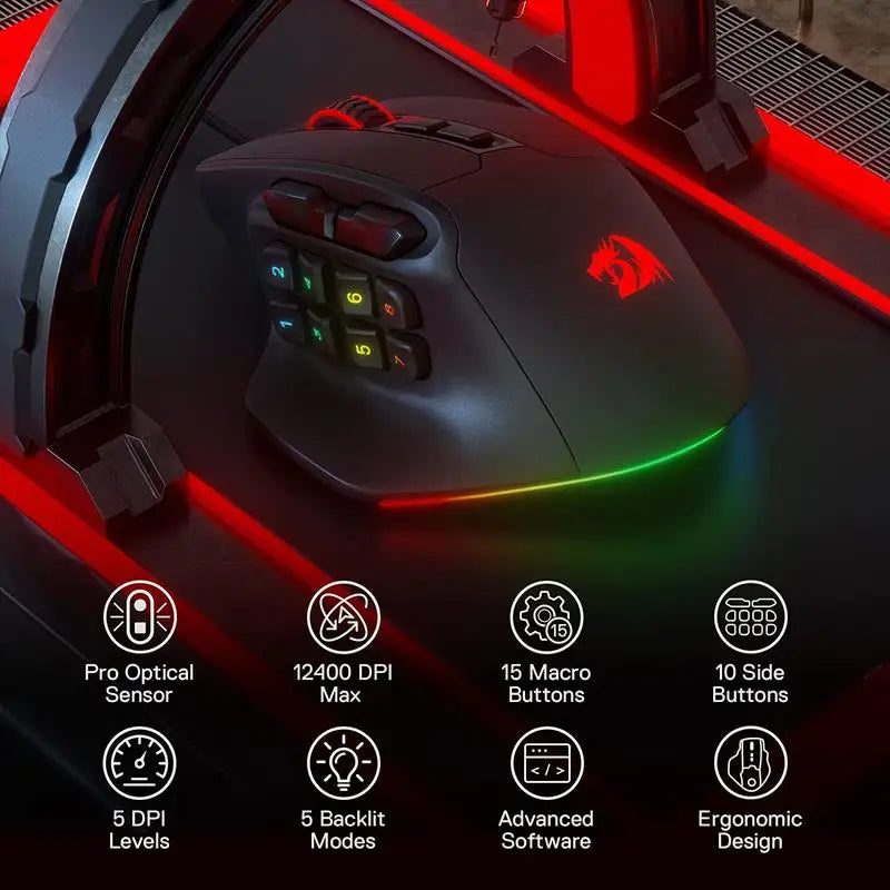 X33 Gaming Mouse, 15 Programmable Buttons Wired RGB Gamer Mouse w/ Ergonomic Natural Grip Build