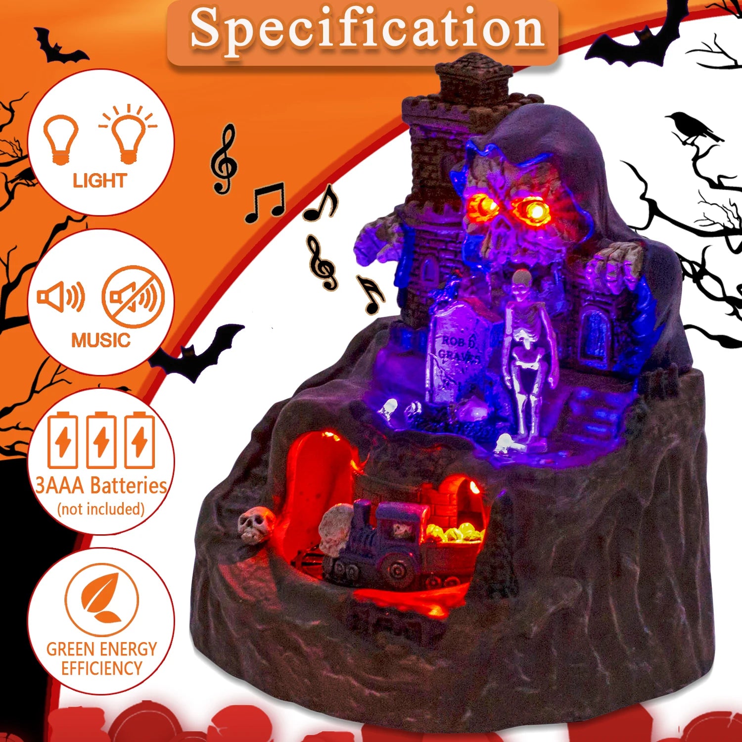 Animated Halloween Village House Decor with Moving Train Pre-Lit Music Skull Ghosts Tombstones Figurines Spooky Party Atmosphere