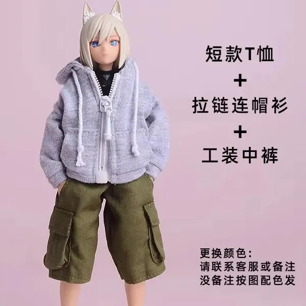 ATStory 1/12 Female Short T-shirt Zipper Jacket Clothes Model Fit 6'' SnailShell SHF ML Romankey Soldier Action Figure Body Doll