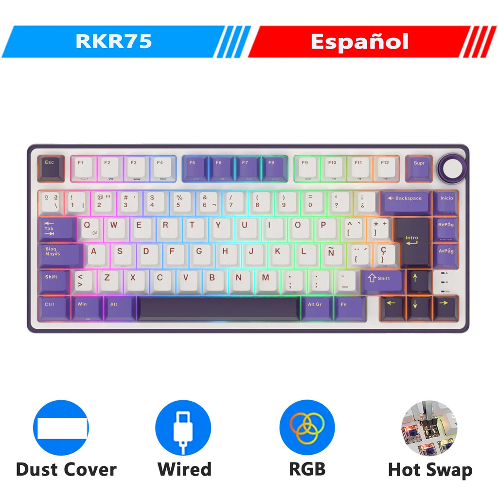 RK Royal Kludge R75 Gasket Kabelgebundene mechanische Tastatur mit 80 Tasten, RGB-Hintergrundbeleuchtung, Hot-Swap-fähige spanische Gamer-Tastatur, MDA-PBT-Tastenkappen