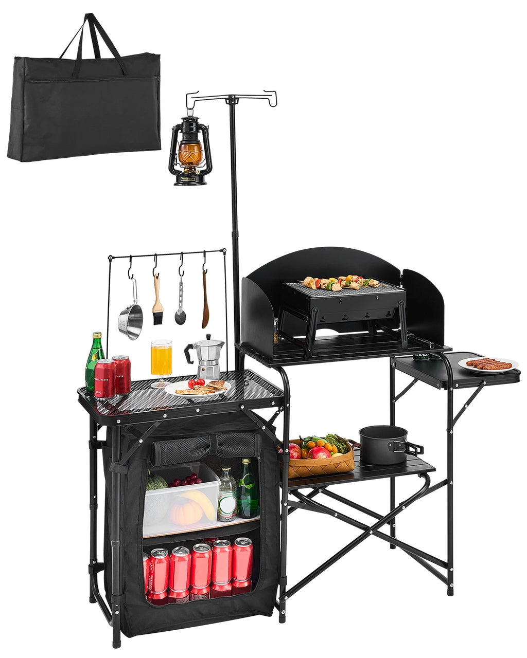 VEVOR  Outdoor Camping Cooking Table, Aluminum Portable Cook Station with Storage Cupboard Carrying Bag Detachable Windscreen