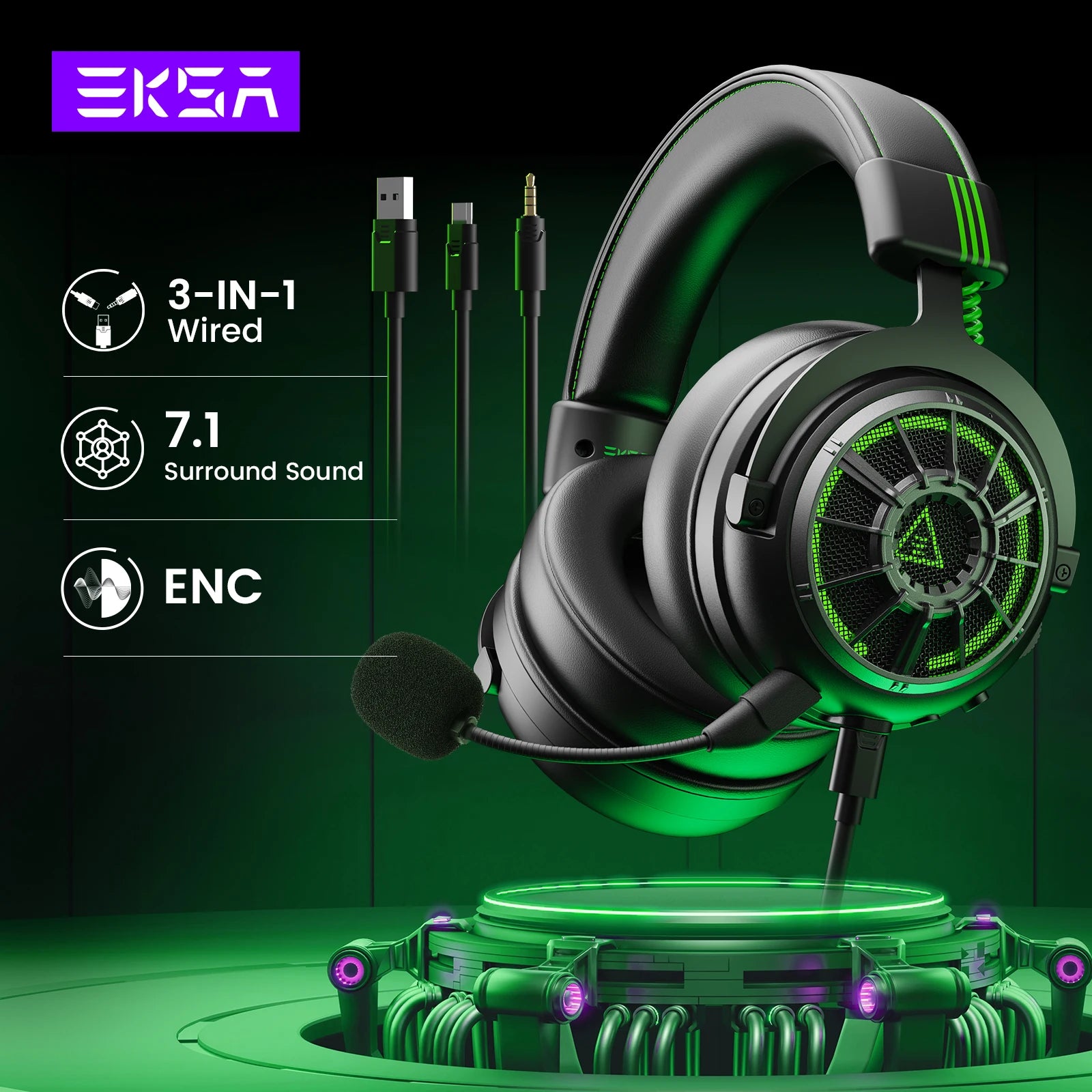 EKSA E5000 Pro Gaming-Kopfhörer für PC/PS4/Xbox/Switch, 7.1 kabelgebundenes Headset Gamer mit ENC-Mikrofon, USB/Typ C/3,5 mm abnehmbares Kabel