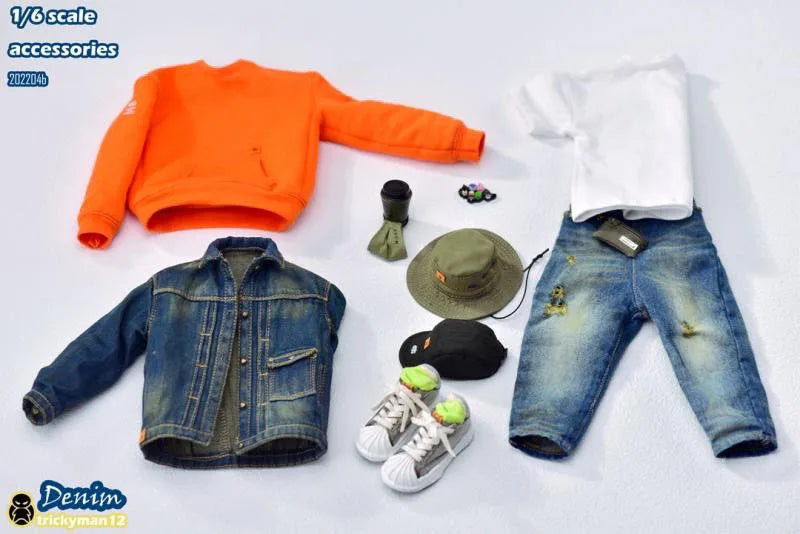 Trickyman12 1/6 Männlicher Soldat Street Trend Hip Hop Jeansjacke Sweatshirt Schuhe Hut Socken Jeans Kleidung für 12" männlicher Körper