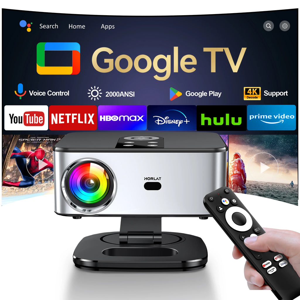 Horlat Google TV Projector 2000ANSI Voice Control Auto Focus Android WiFi 6 4K UHD Home Theater Movie Projector Netflix Licensed