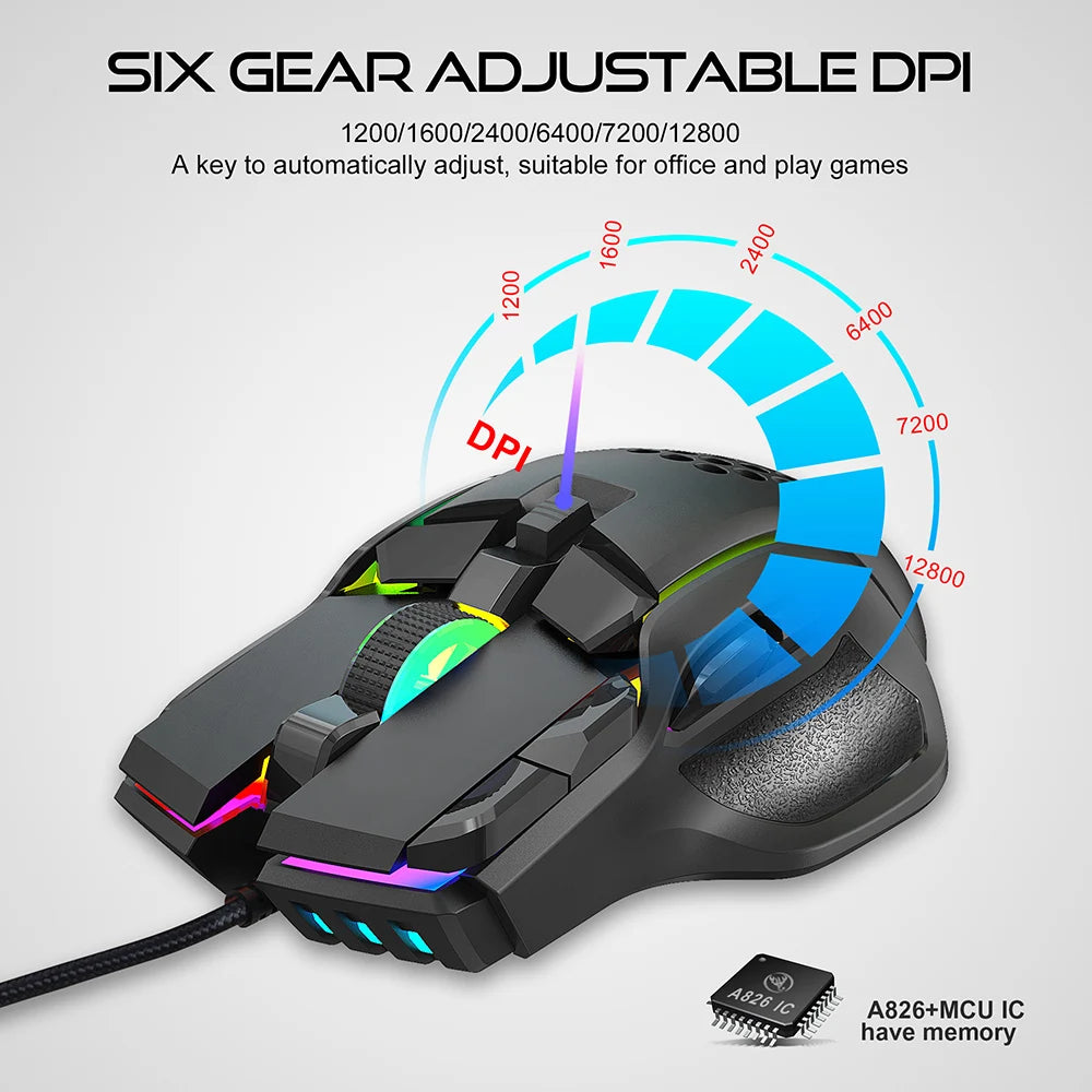 Нова USB геймърска мишка, компютърна мишка с RGB подсветка, 10 бутона, програмиране, 7200dpi, ергономична геймърска мишка за компютър