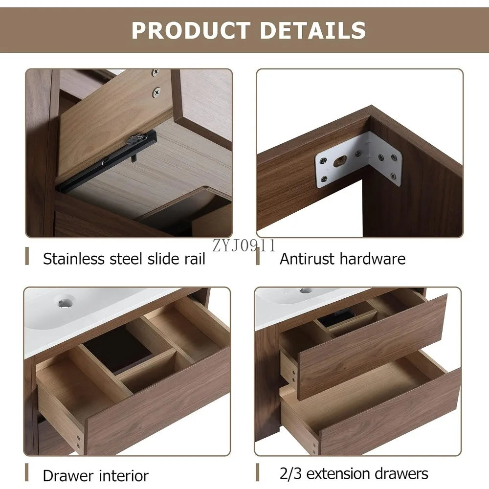 Bathroom Vanity with Gel Sink Combo Wall Mounted Cabinet Set, Modern Float Mounting Bathroom Vanity Set with 2 Drawers