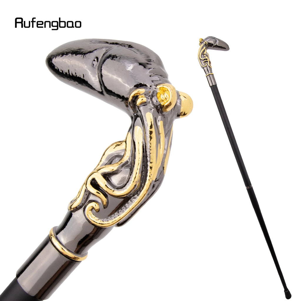 Golden Black Octopus Fish Squid Walking Cane Fashion Decorative Walking Stick Gentleman Elegant Cosplay Cane Knob Crosier 93cm