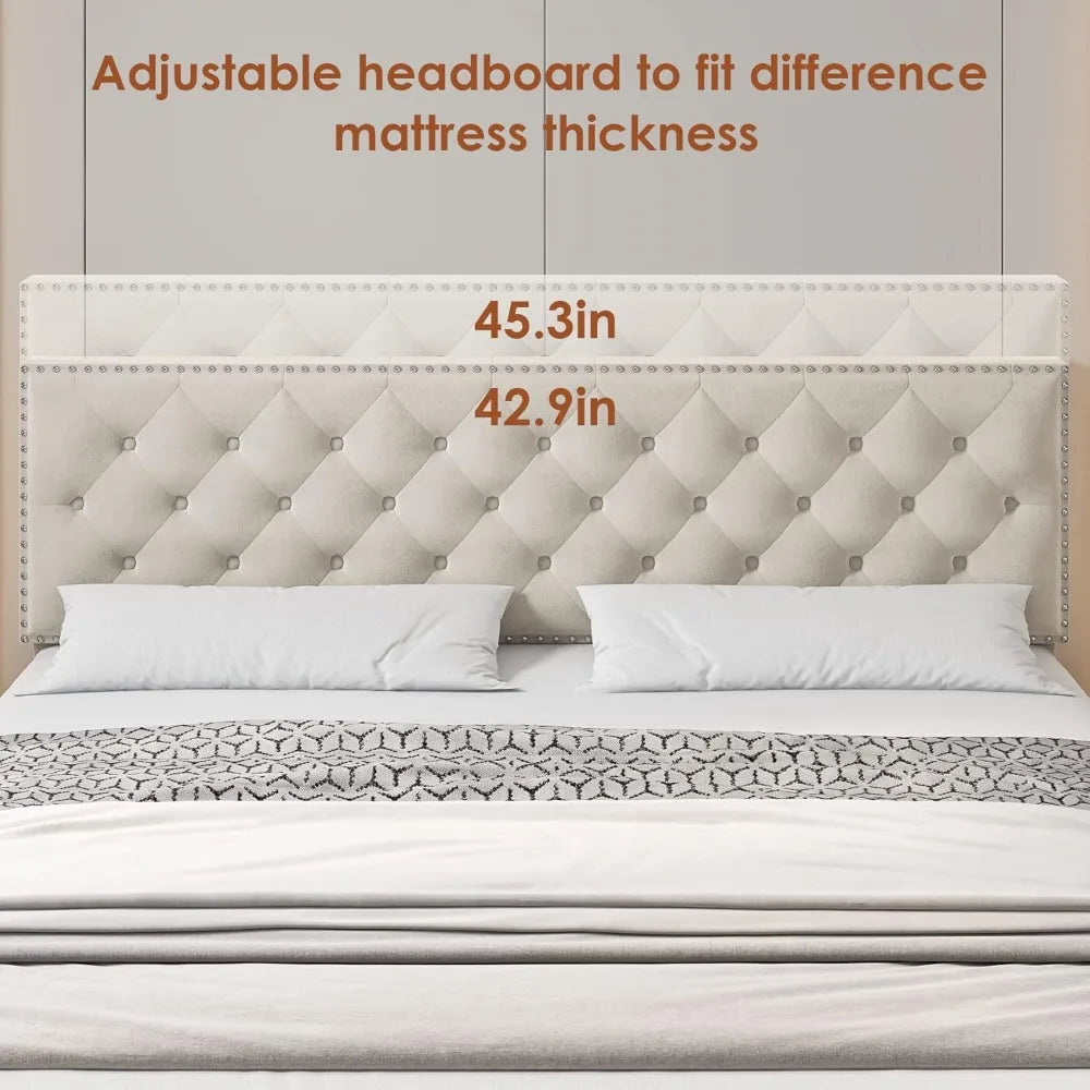 HOSTACK Full Size Bed Frame with 4 Storage Drawers, Modern Upholstered Platform Bed with Adjustable Headboard,Button Tufted Bed