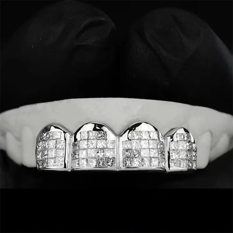 Custom Diamond Teeth Grillz Princess Cut Moissanite Diamond 8Top 8 Bottom Silver 925 Yellow & White Hip Hop Grillz Grill