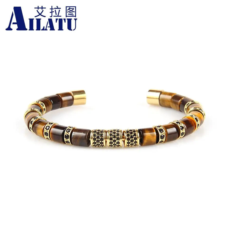 Ailatu 5 teile/los Edelstahl Armreifen Naturstein Zylinder Perlen Armbänder Luxus Männer Schmuck Top Qualität