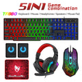 Fünfteilige Gaming-Kombination, 104-Tasten-Tastatur, 4-farbige Atemlichtmaus, 3,5-mm-Gaming-Headset, Gaming-Lautsprecher, rutschfestes Mauspad