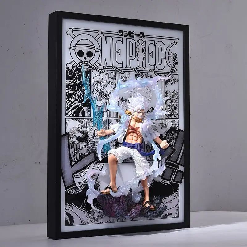 3D Decorative Painting Anime Figure Zoro Luffy with light metal frame 3D Anime Figure Painting Decorate in the room
