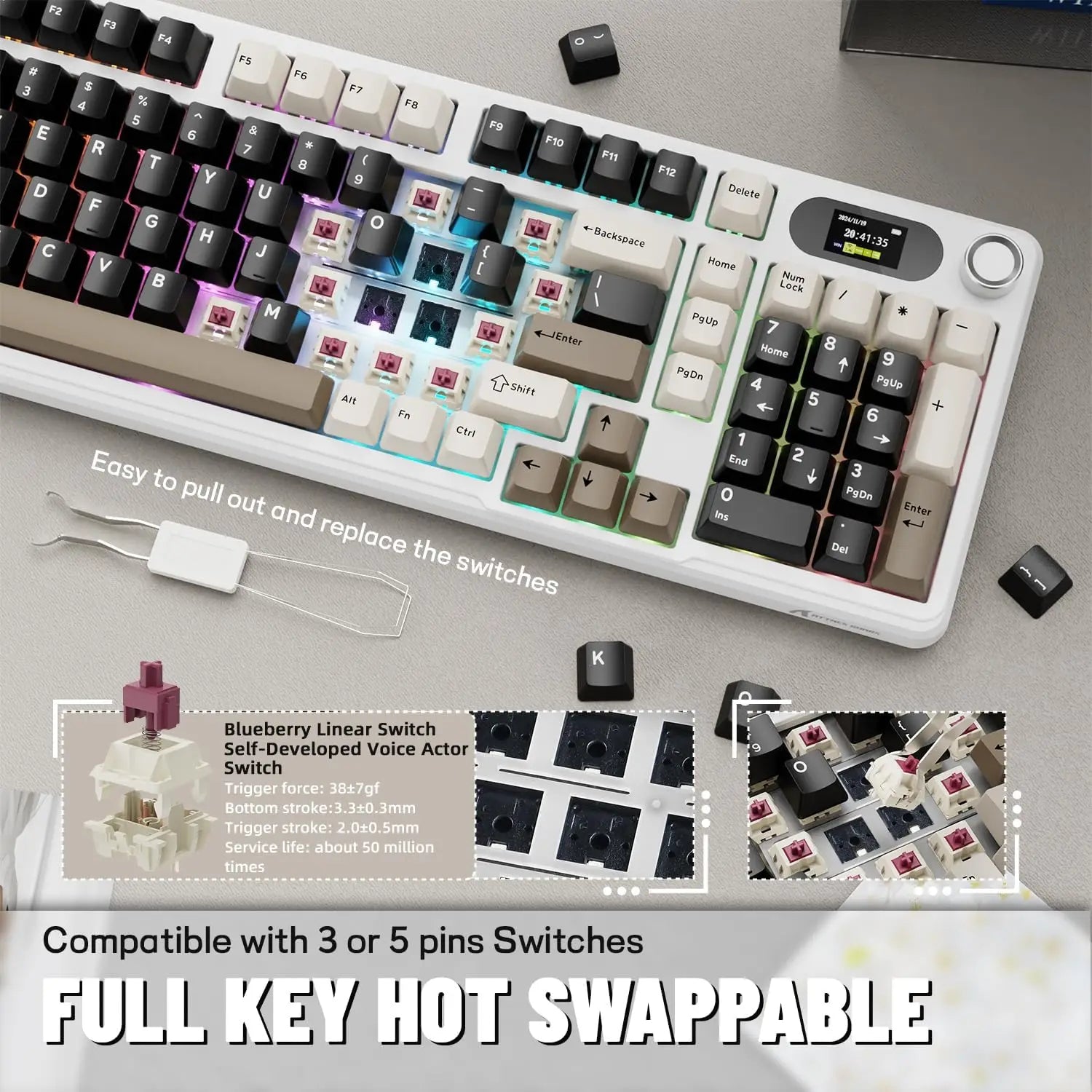 ATTACK SHARK X98Pro Wireless Mechanical Keyboard with Screen & Knob, Tri-mode Gasket Hot Swappable RGB  Keyboard, Web Driver