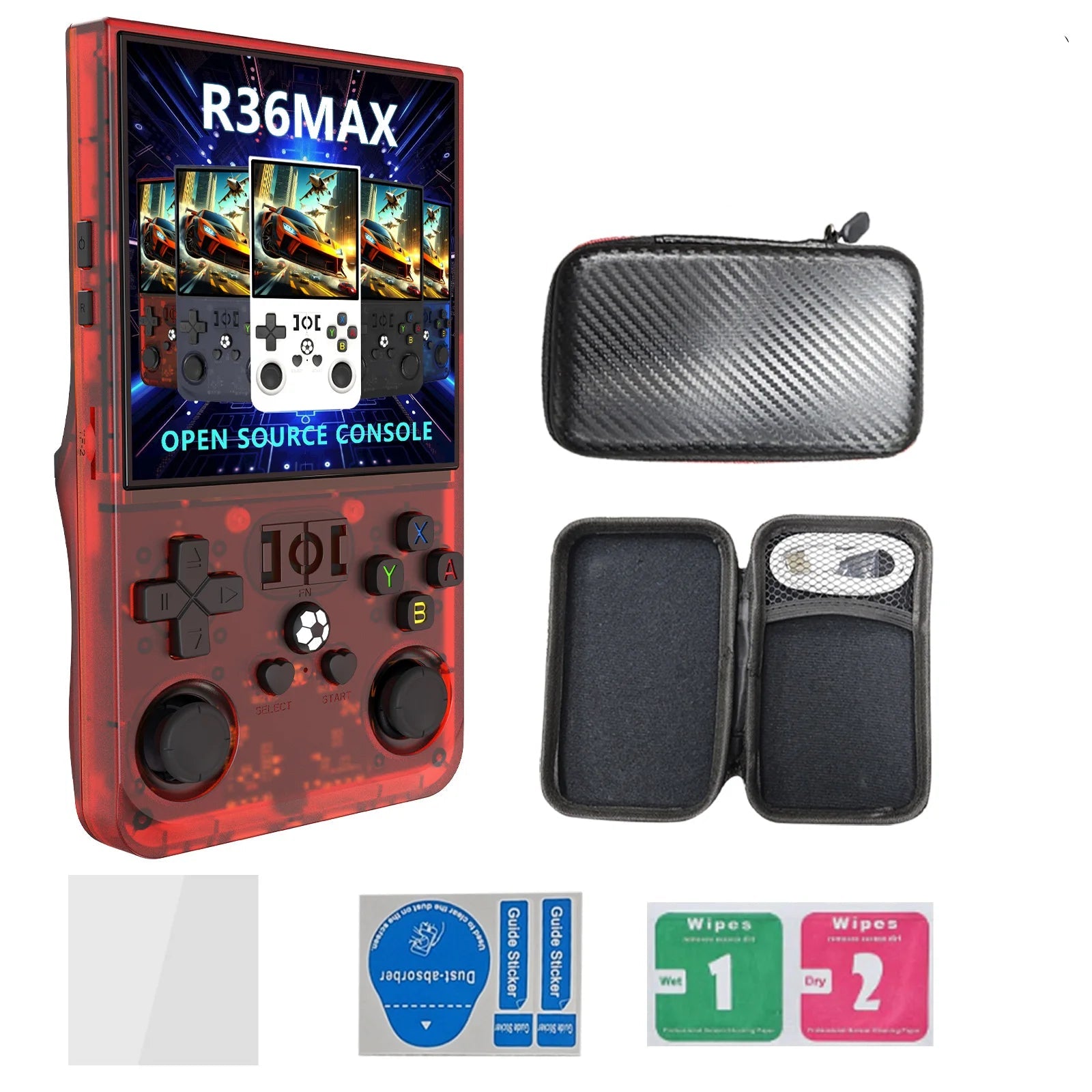 Handheld gaming console with carrying case and cleaning wipes on a white background