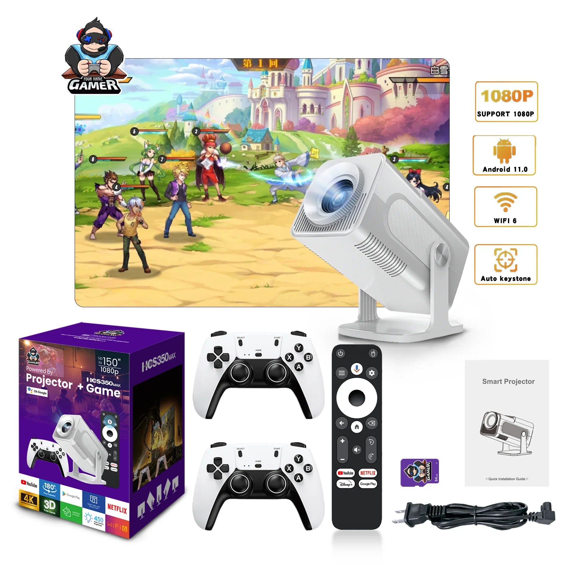 NEU HCS350 MAX Tragbare HD-Video-Retro-Spielkonsolen 10000 Android 11 LCD-Projektor Video Wifi Wireless Gamepad 3D-Heimkino
