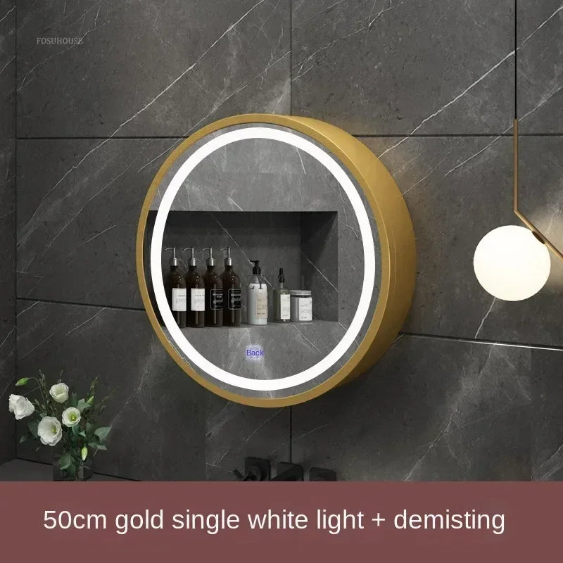 Nordic LED Smart Bathroom Mirror Cabinets Solid Wood Oval Bathroom Wall Hanging Round Vanity Mirrors with Storage Shelf b