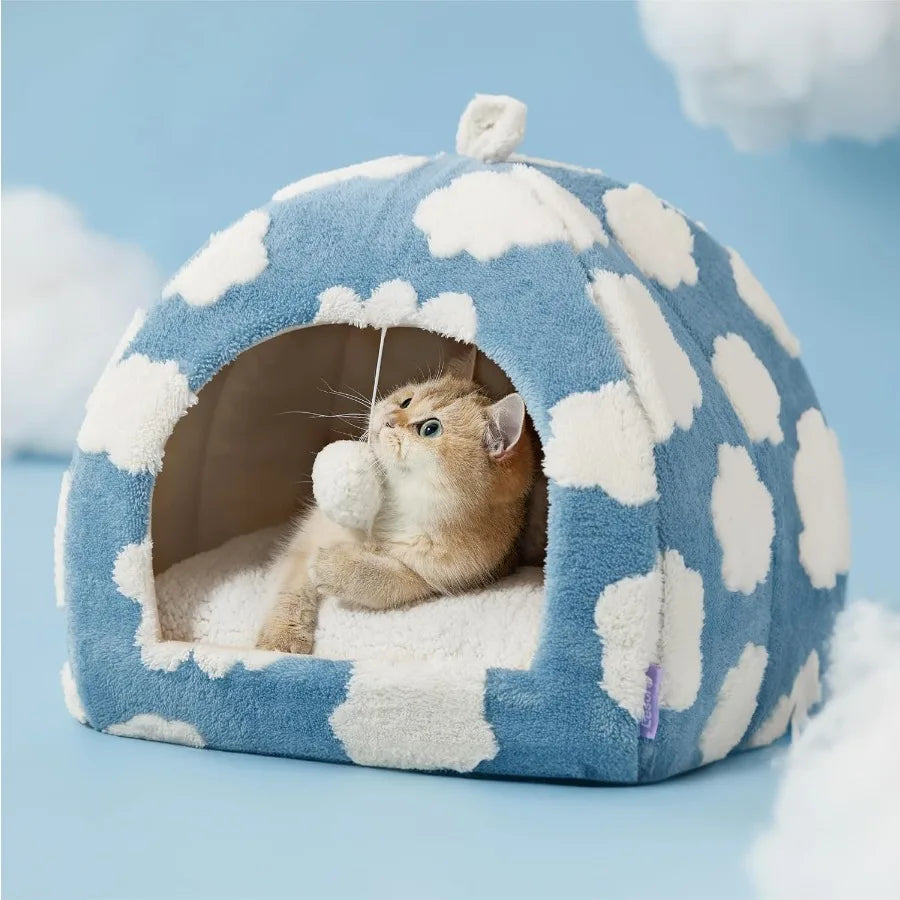 2 in 1 Cozy Cat Cave Bed for Indoor Kittens and Small Pets with Removable Washable Cushioned Pillow NonSlip Bottom Design Blue