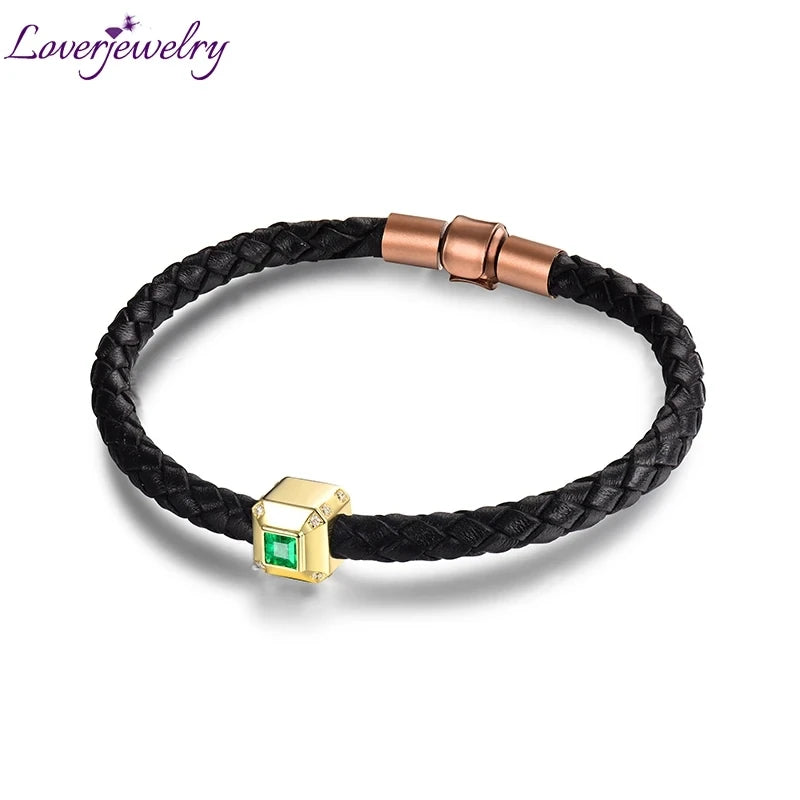 LOVERJEWELRY 18k Yellow Gold Bracelet Au785 Diamond Natural Emerald Gemstone Male Jewelry Bracelets for Men Anniversary Gifts