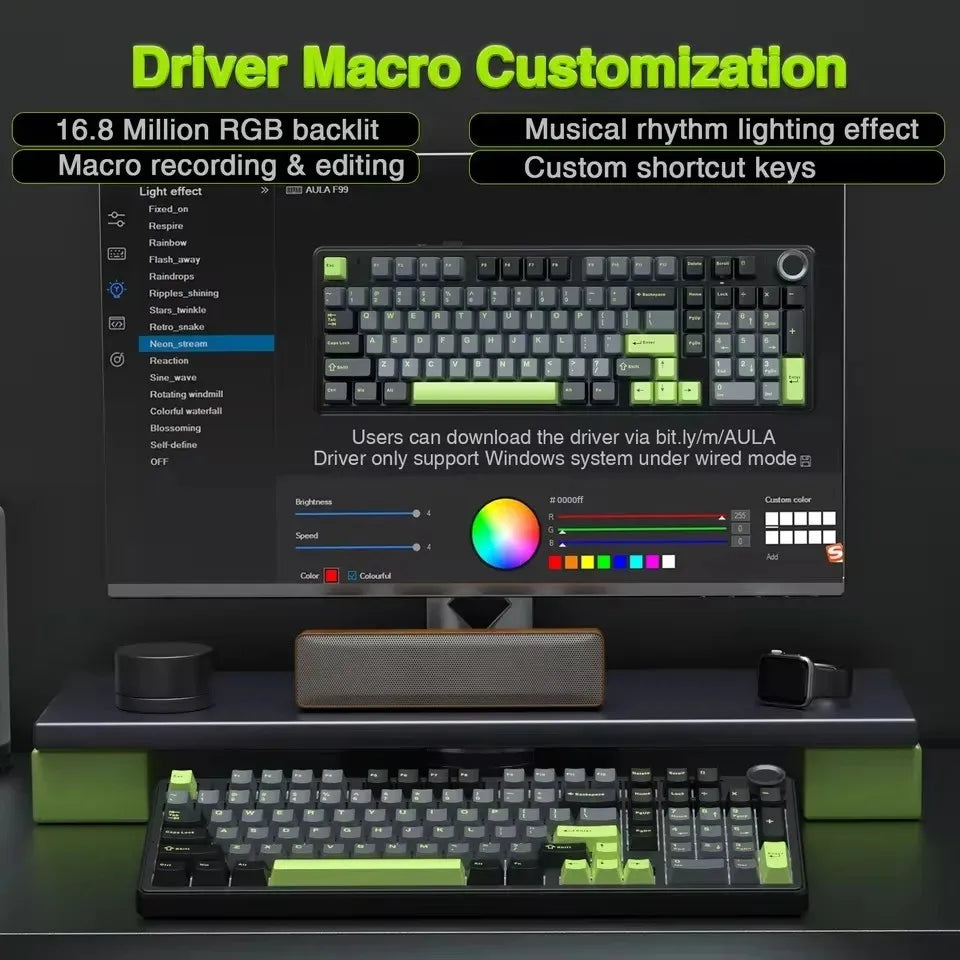 AULA F99PRO Mechanische Gaming-Tastatur, 99 Tasten, drei Modi, kabellos, Hot-Swap-fähig, Dichtungsstruktur, benutzerdefinierte Tastatur mit Medienknopf