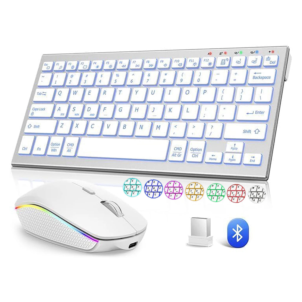Kabellose Tastatur- und Mauskombination, Bluetooth, RGB-Hintergrundbeleuchtung, leise, schlank, kompakt, Schere, wiederaufladbar, 2,4 G, USB, für PC, Laptop, iPad, Mac