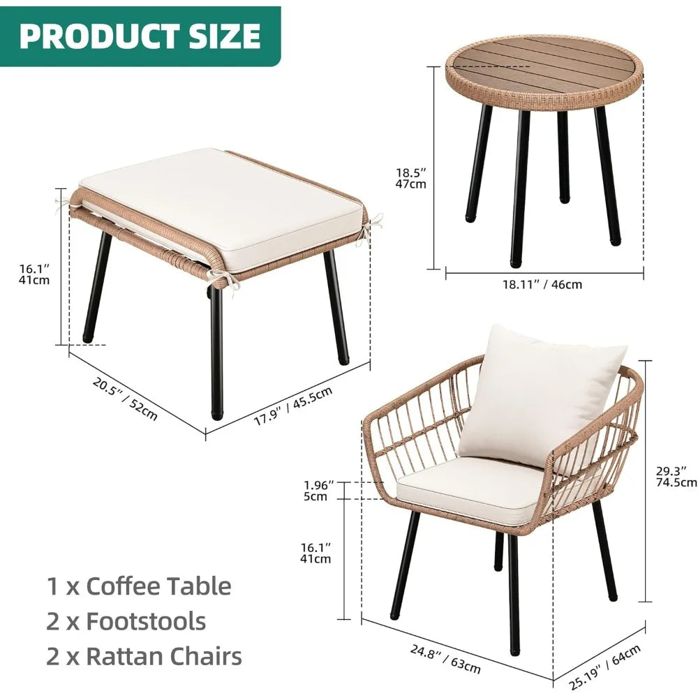 5-teiliges Outdoor-Korbmöbel-Set, Allwetter-Terrassen-Bistro-Set mit Fußstütze, kleines Terrassen-Konversationsset für den Balkon