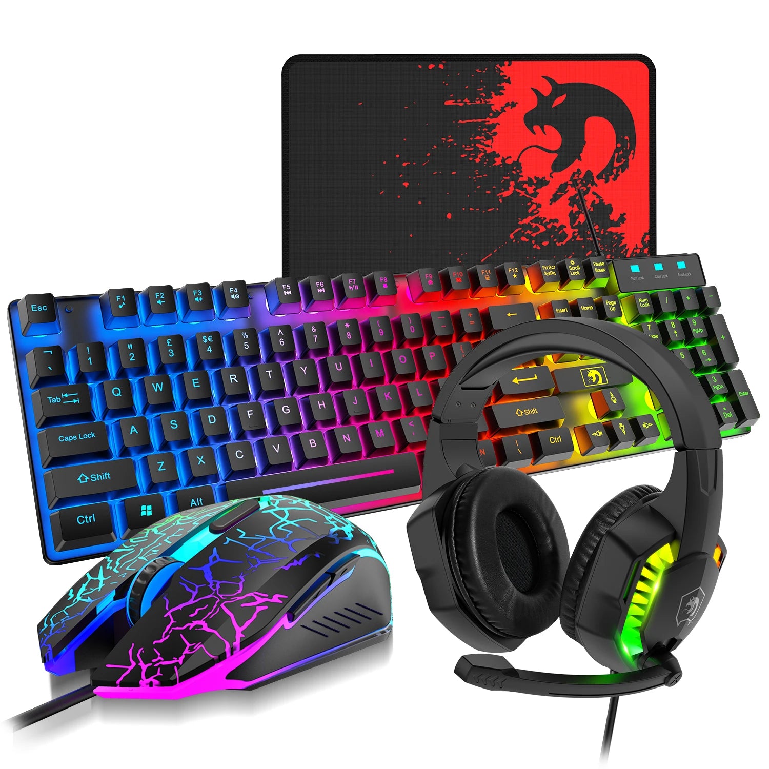 MANBASNAKE T11 Kabelgebundene Gaming-Tastatur und Maus-Headset-Kombination, Kabelgebundene Tastatur mit Regenbogen-LED-Hintergrundbeleuchtung