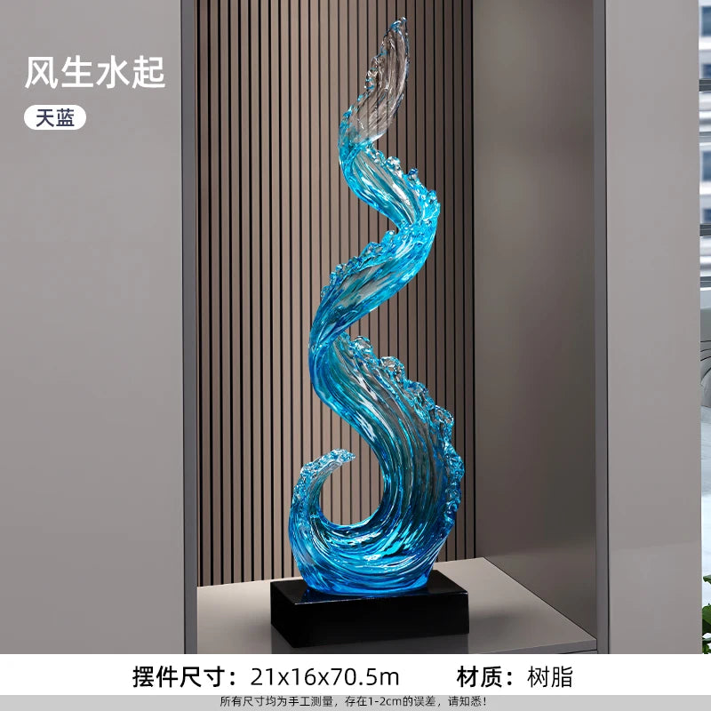 Home Decor Wind and Water Rising Decorations,Blue Resin Sculpture Luxury Living Room Entrance Vertical Art Decoration Customized