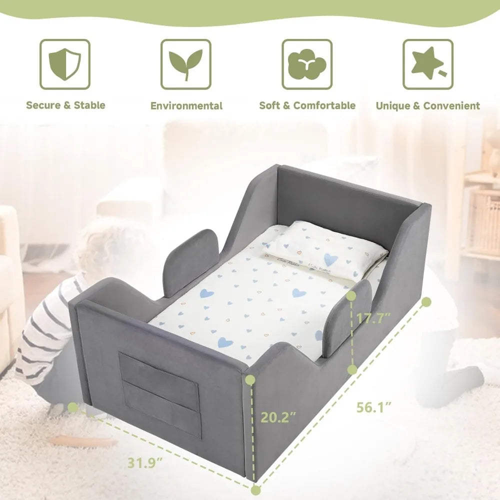 Children's Removable Rail Floor Bed with Storage, Standard Crib Size, Safety Upholstered, Suitable for Boys and Girls