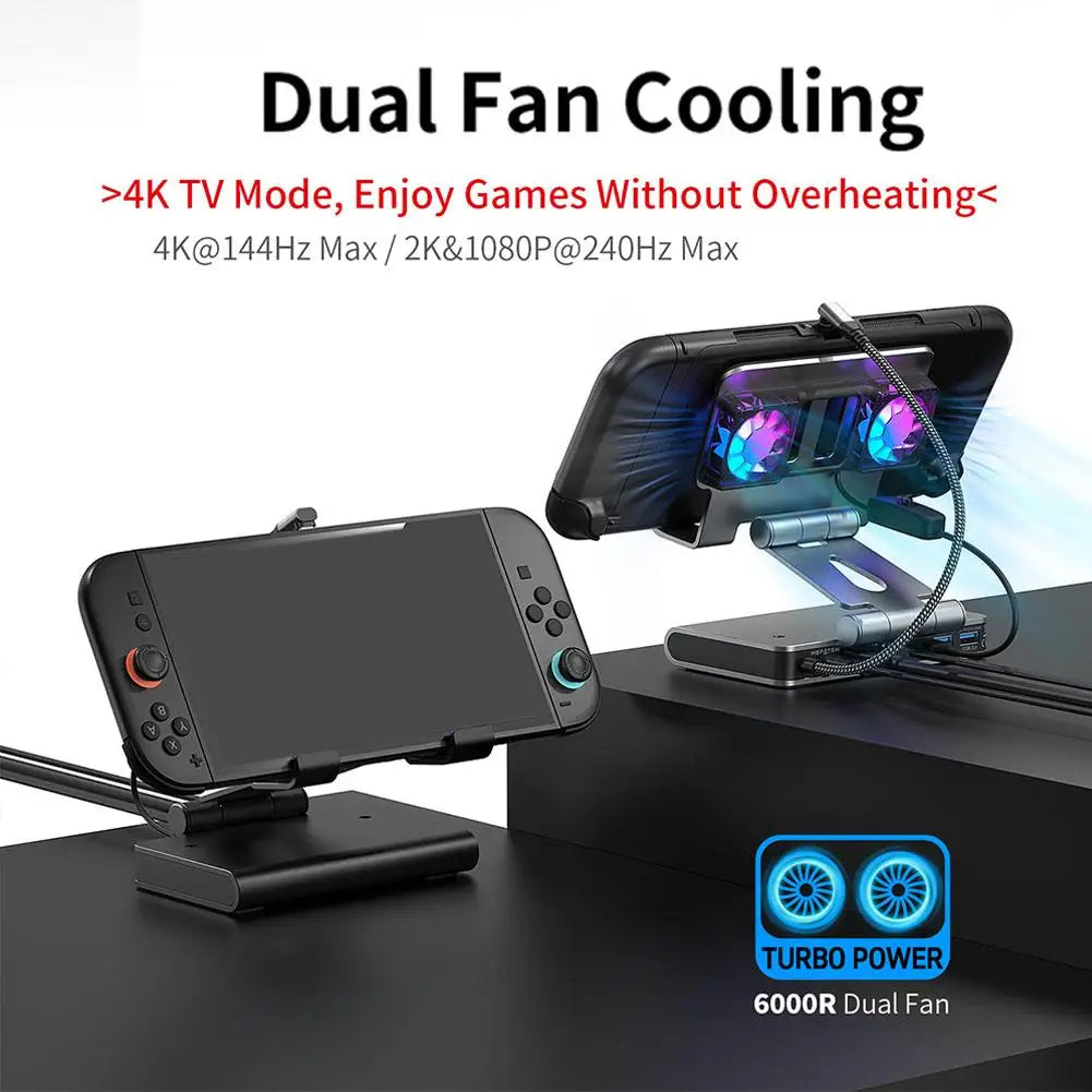 6-in-1 Cooling Dock for Switch 2 - 4K 144Hz HDMI Dock with Dual Fans, TV Mode Adapter, Portable Stand & Heat Dissipation
