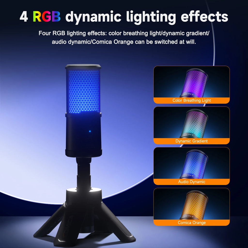 COMICA UNI S USB Gaming Microphone with RGB Condenser Mic with Gain Control Monitoring AI Denoise for PS4,PS5,PC for Streaming