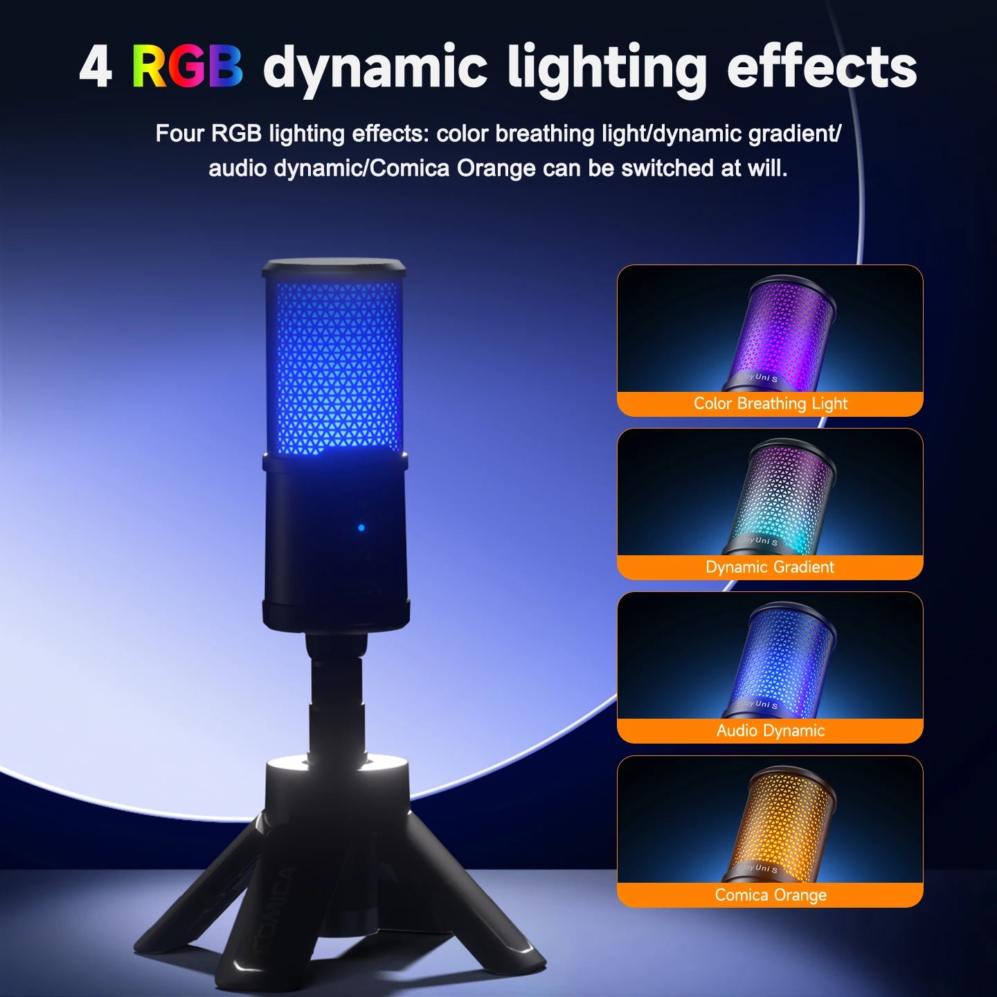 COMICA UNI S USB Gaming Microphone with RGB Condenser Mic with Gain Control Monitoring AI Denoise for PS4,PS5,PC for Streaming