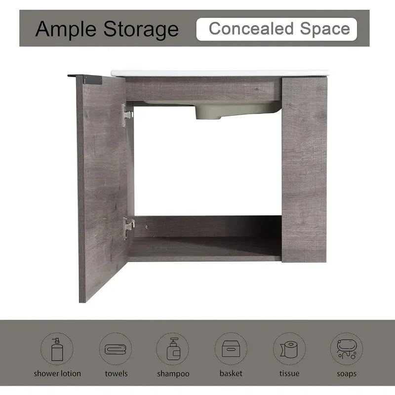 22 Inch Wall Mounted Bathroom Vanity with Ceramic Sink Top - Modern Design, Single Door, Floating Style
