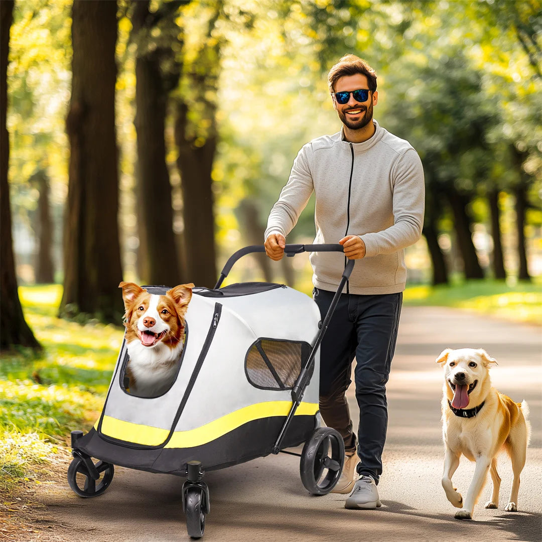 Foldable Dog Stroller with 4 Heavy Wheels Portable Universal Pet Travel Stroller for Small to Large Dogs, Rainproof Cover