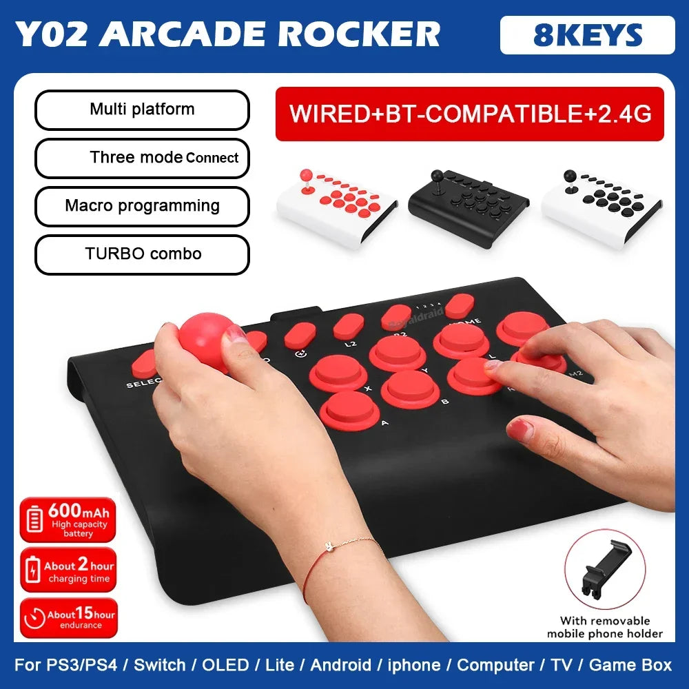 Y02 Arcade-Joystick für PS4/PS3/Xbox One/Switch OLED/Android/iOS, kabelgebundener und kabelloser Street Fighter-Controller mit Makro-/Turbo-Funktion
