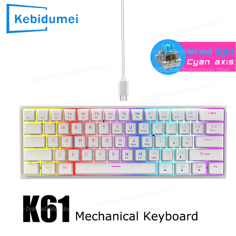 Mechanische Tastatur mit 61 Tasten, kabelgebundene Gaming-Tastatur für Laptop, Desktop, Ergonomie, RGB-Hintergrundbeleuchtung, Cyan-Achsen-Tastenkappen, PC-Zubehör