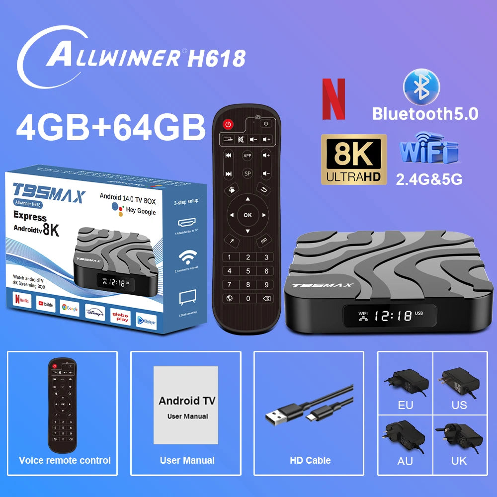 T95 Max Smart TV Box Android 12 Allwinner H618 Chip Dual-band WiFi 2.4G/5G Bluetooth5.0 Support Google 8K Resolution Set Top Box